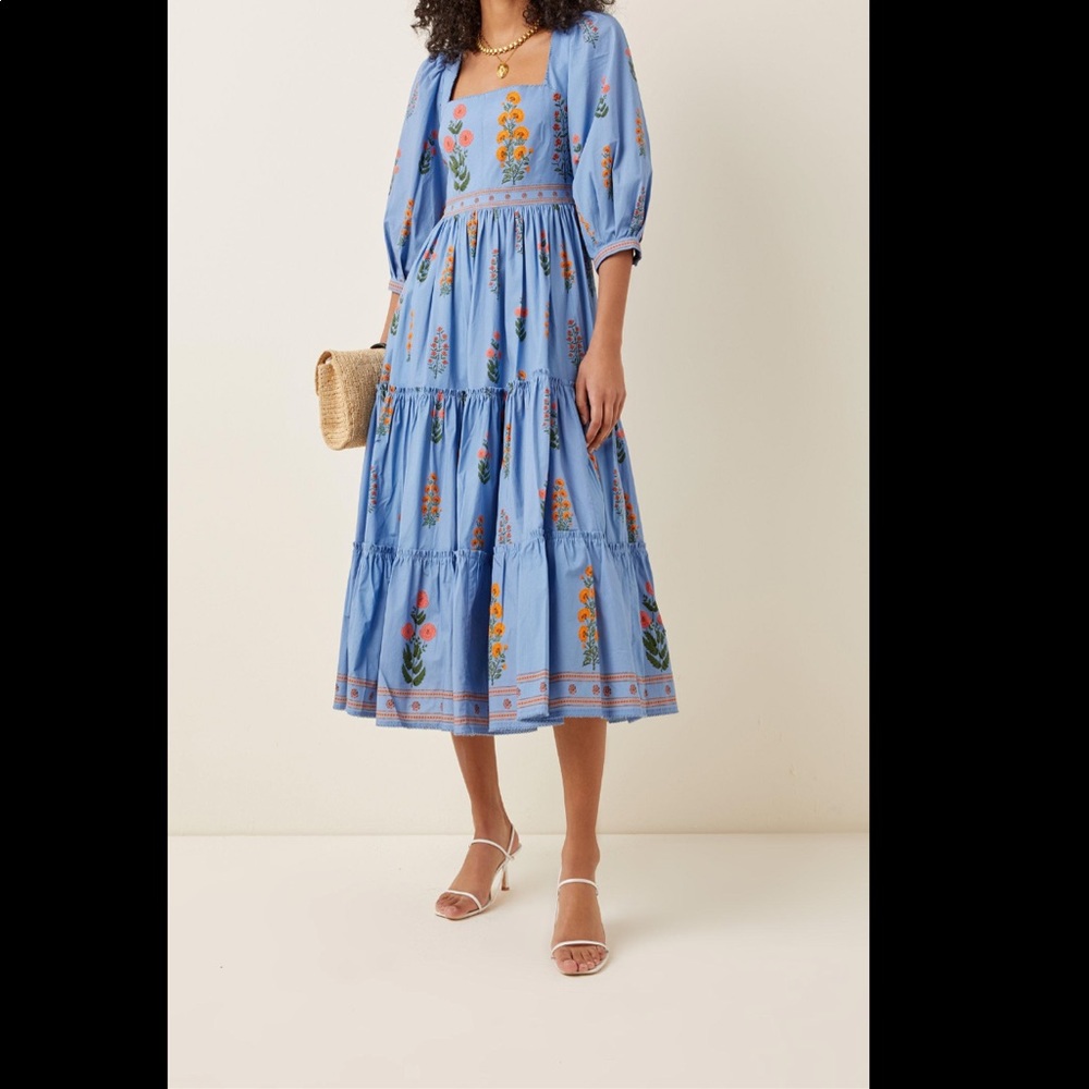 Agua Bendita Miel Dahlia Puff-Sleeve Midi Dress